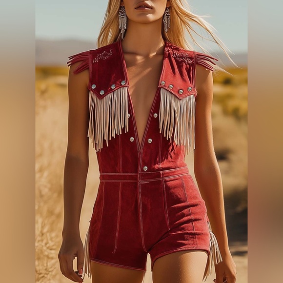Oyrosy Pants - Oyrosy Western Cowboy Style Red Suede Silver Button Beige Tassel Jumpsuit NWT